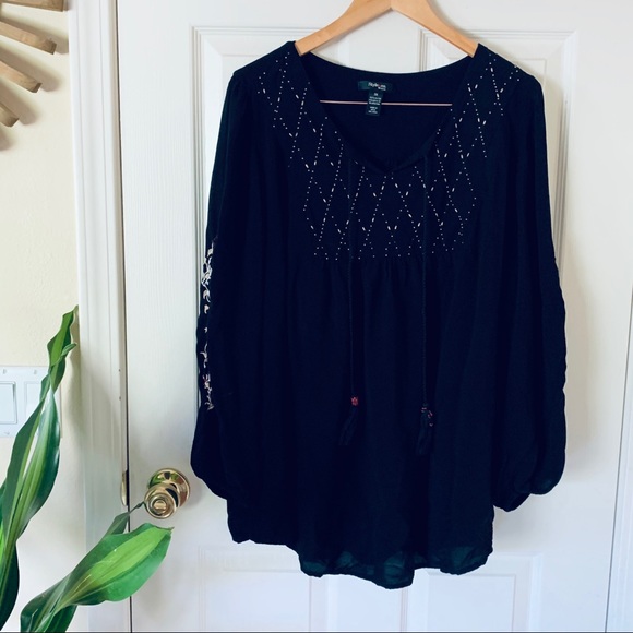 Style & Co Women's Mixed-Media Sheer-Sleeve Blouse Black main image 1